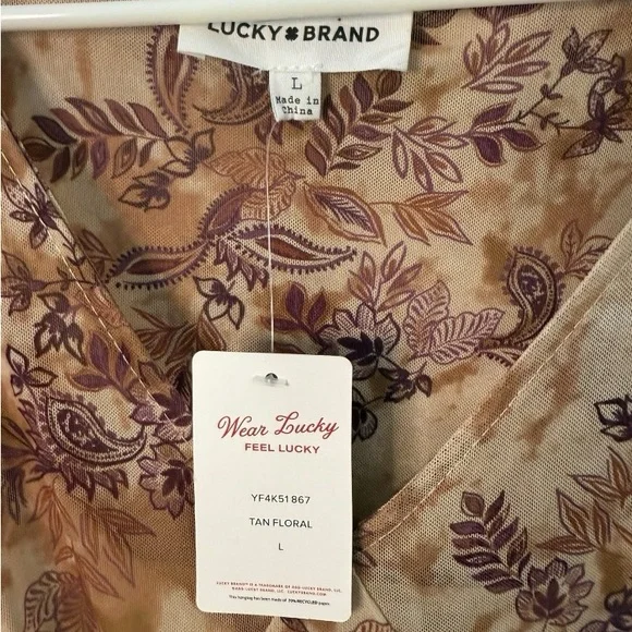 Lucky Brand Tan Floral Long Sleeve Maxi Dress Sheer Overlay NWT Size Large - Picture 4 of 6